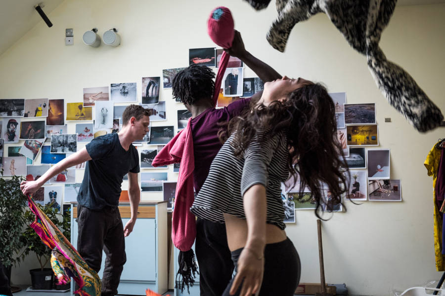 Andrew Sheridan, Gerrome Miller and Beatrice Scirocchi in rehearsal for Nuclear War by Simon Stephens (Photo: Chloe Lamford)