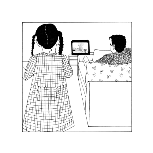 A cartoon image of a little girl in a school dress standing next to her dad, who is sitting on a sofa watching television. On the television screen you can see an explosion.