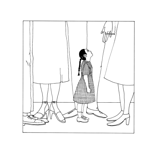 A cartoon image of a little girl in a school dress looking up at a crowd.