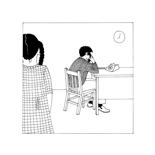 A cartoon image of a little girl in a school dress. She is looking at her dad who is sitting at a kitchen table on a telephone.