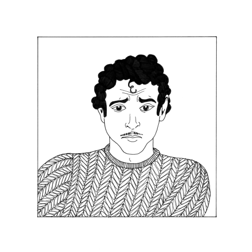 A cartoon image of a man with a worried expression on his face. He has curly dark hair and a moustache, and he is wearing a jumper.