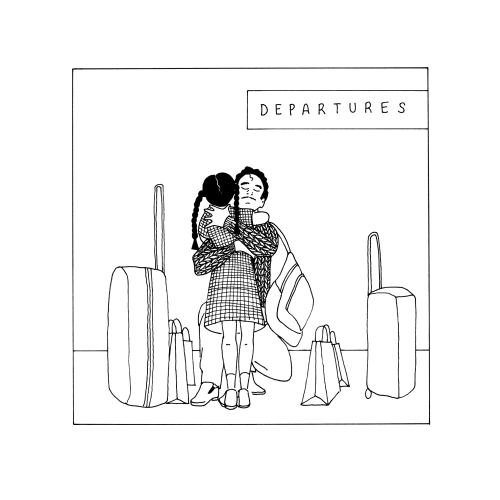 A cartoon image of a little girl in a school dress hugging her dad at airport departures surrounded by suitcases.